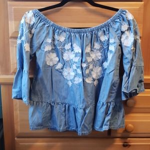 Embroidered floral off the shoulder chambray top